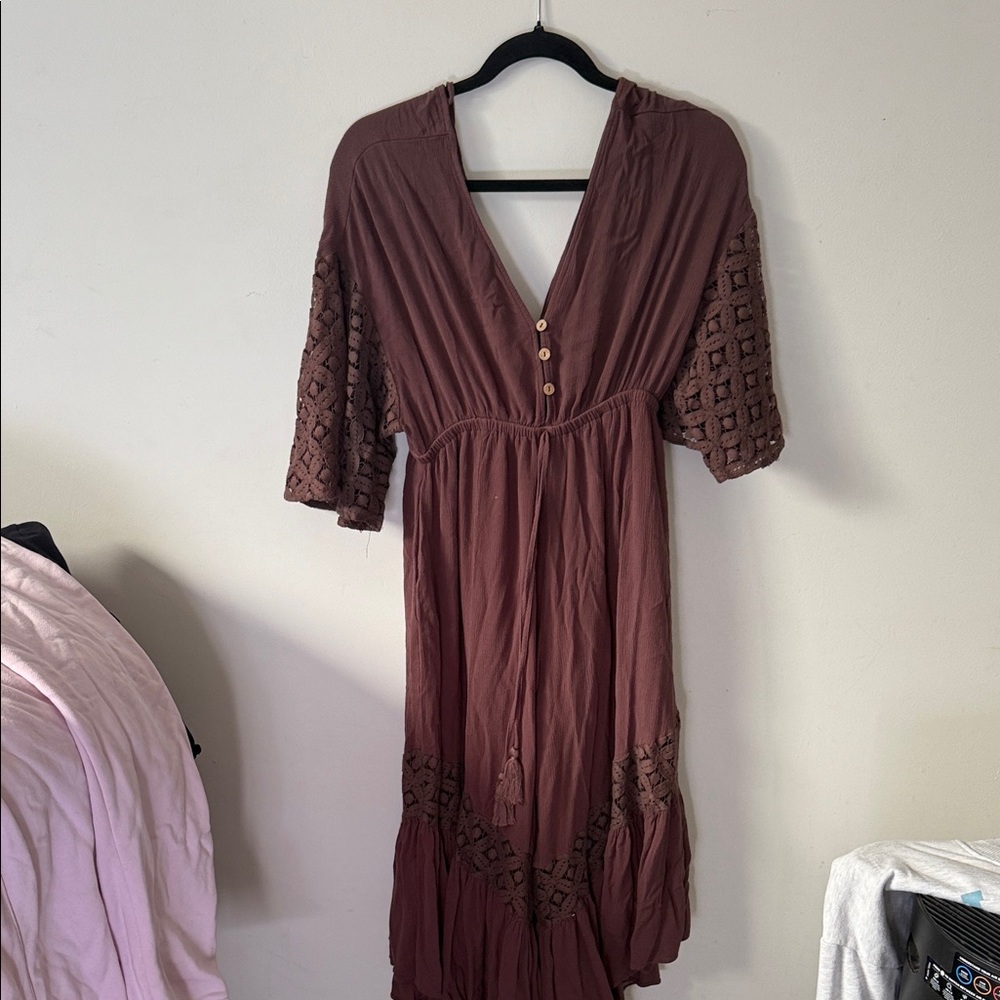HYFVE Deep Brown Midi Dress with Crochet Sleeves